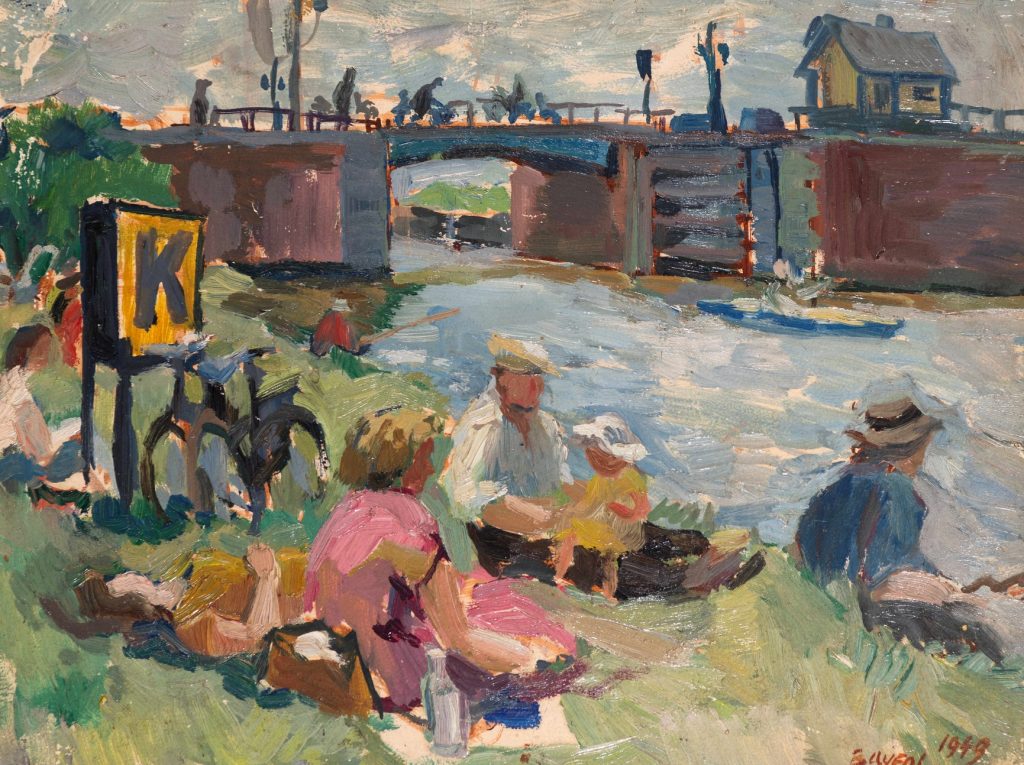 Hans Bayens, Picknick aan de waterkant, 1949, olieverf op board. Foto C.A. Boon Fotografie