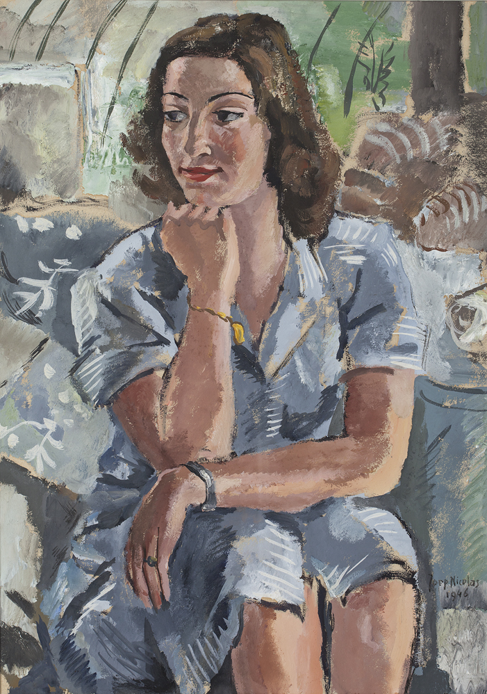 Joep Nicolas, portret van zittende jonge vrouw, gemengde techniek, collectie De Wieger